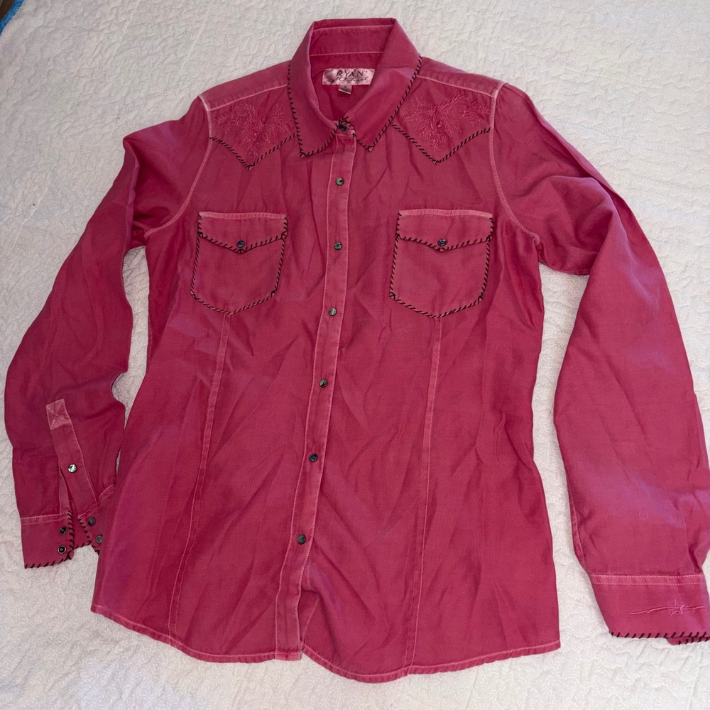 Ryan Michael Womens Pink Silk Cotton Western Snap Embroidered Shirt Size M